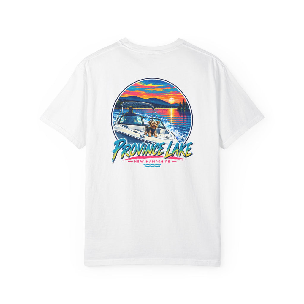 Province Lake Boat Sunset T-Shirt — Retro Lakeside Vacation Tee