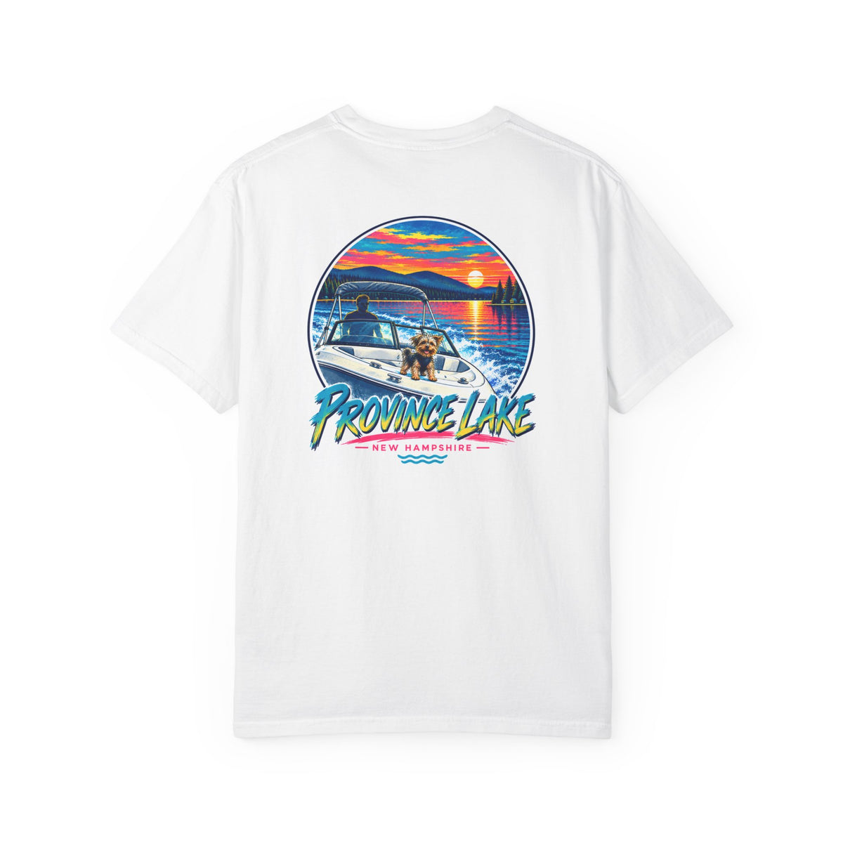 Province Lake Boat Sunset T-Shirt — Retro Lakeside Vacation Tee