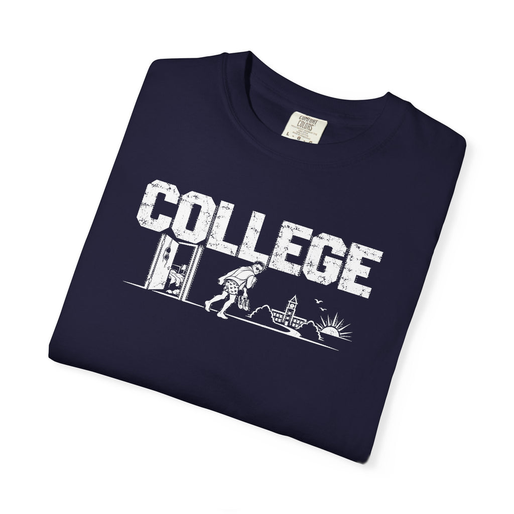 College Walk of Shame T-Shirt — Vintage Campus Humor Tee (features “COLLEGE” with dorm, books & party silhouette)