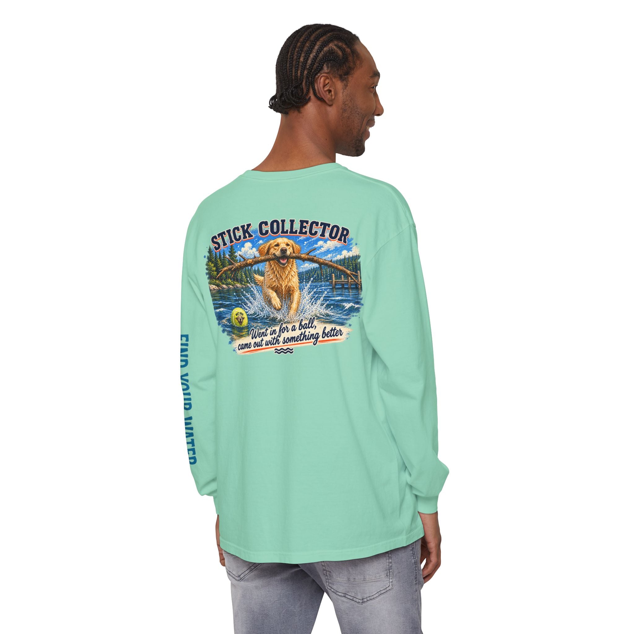 Wet Dog "Stick Collector" graphic Long Sleeve T-Shirt | find your water sleeve print
