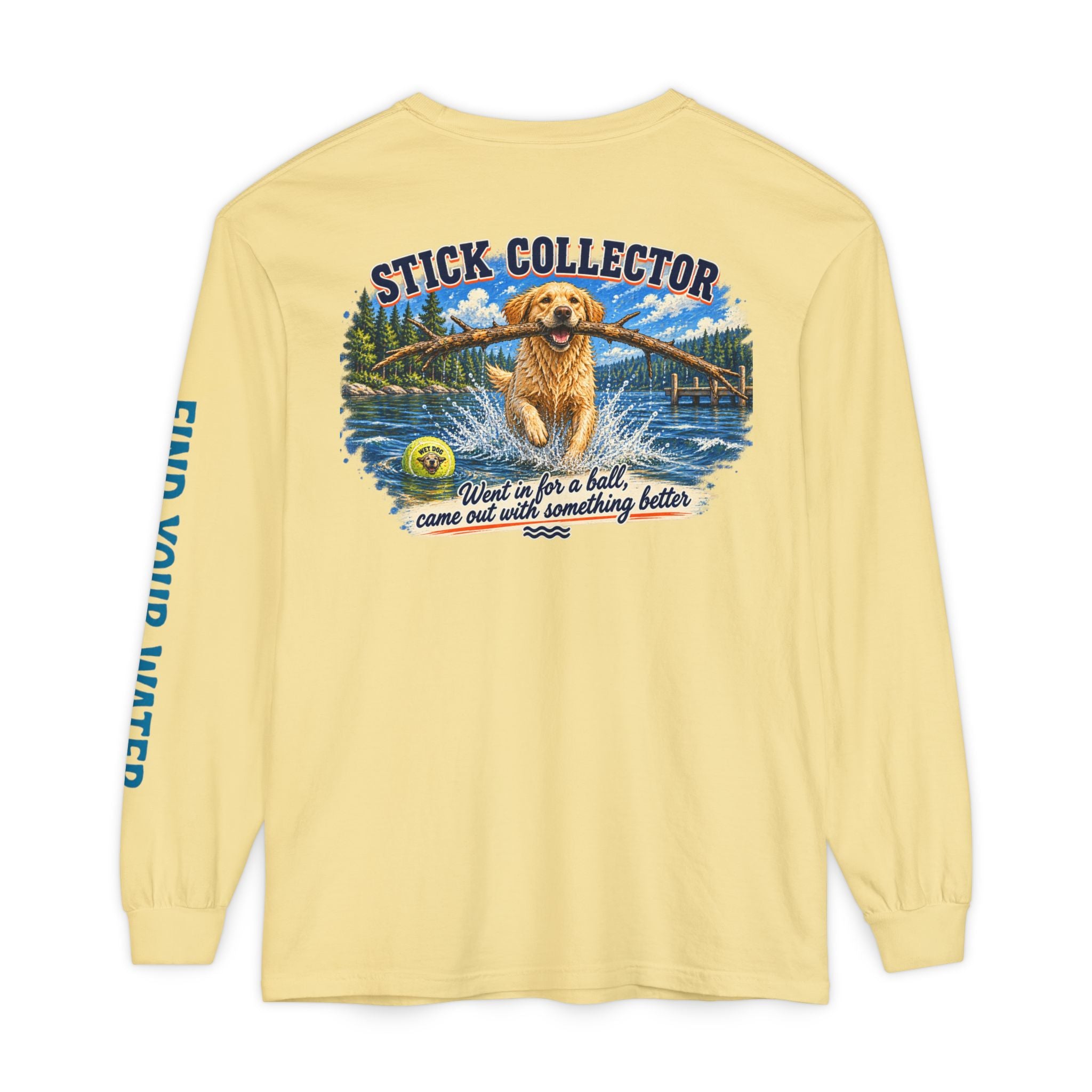 Wet Dog "Stick Collector" graphic Long Sleeve T-Shirt | find your water sleeve print
