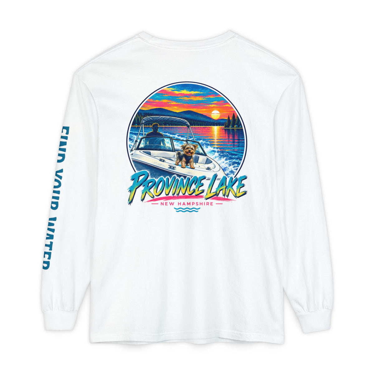 Province Lake Sunset Boat Long Sleeve Tee — "Find Your Water"