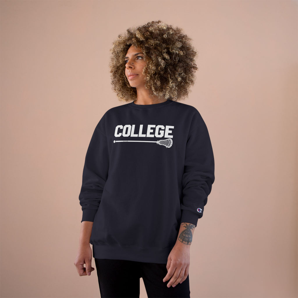 College Lacrosse Champion Sweatshirt – 'COLLEGE' Text with Lacrosse Stick Crewneck