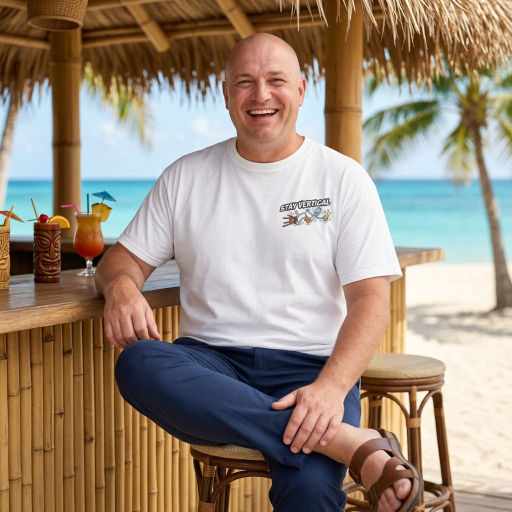 Stay Vertical Fall off Bar Stool T-shirt | Tropical Beach Bar Stool Fall