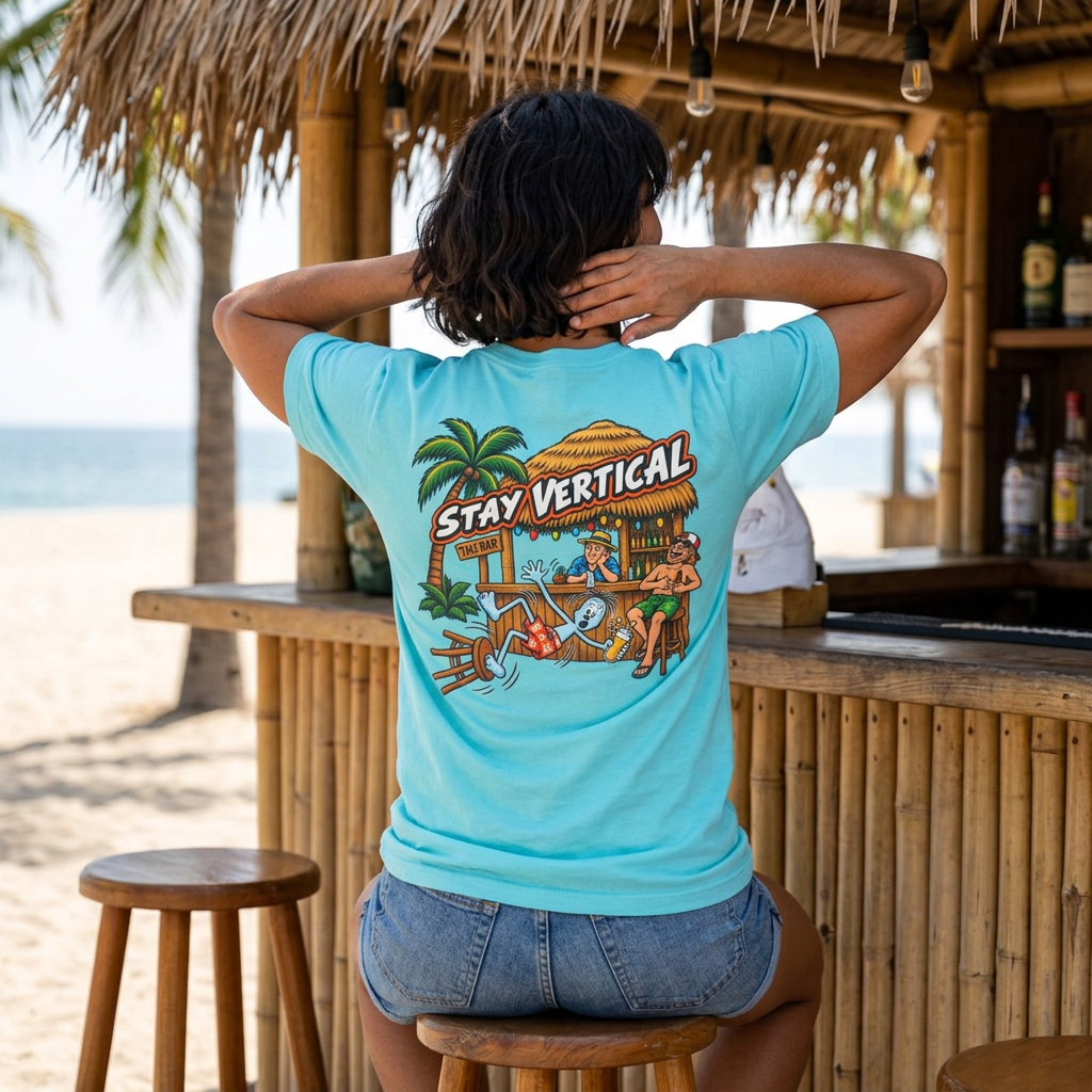 Stay Vertical Fall off Bar Stool T-shirt | Tropical Beach Bar Stool Fall