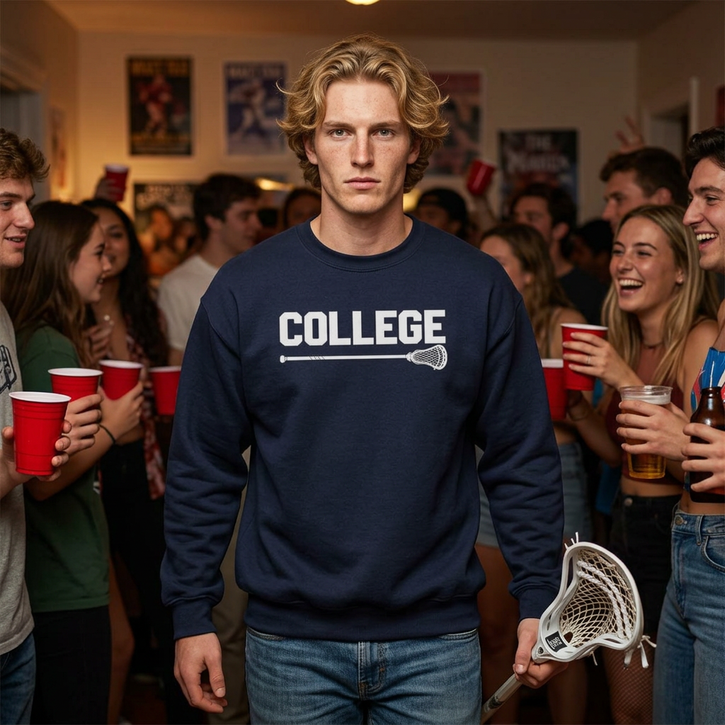 College Lacrosse Champion Sweatshirt – 'COLLEGE' Text with Lacrosse Stick Crewneck