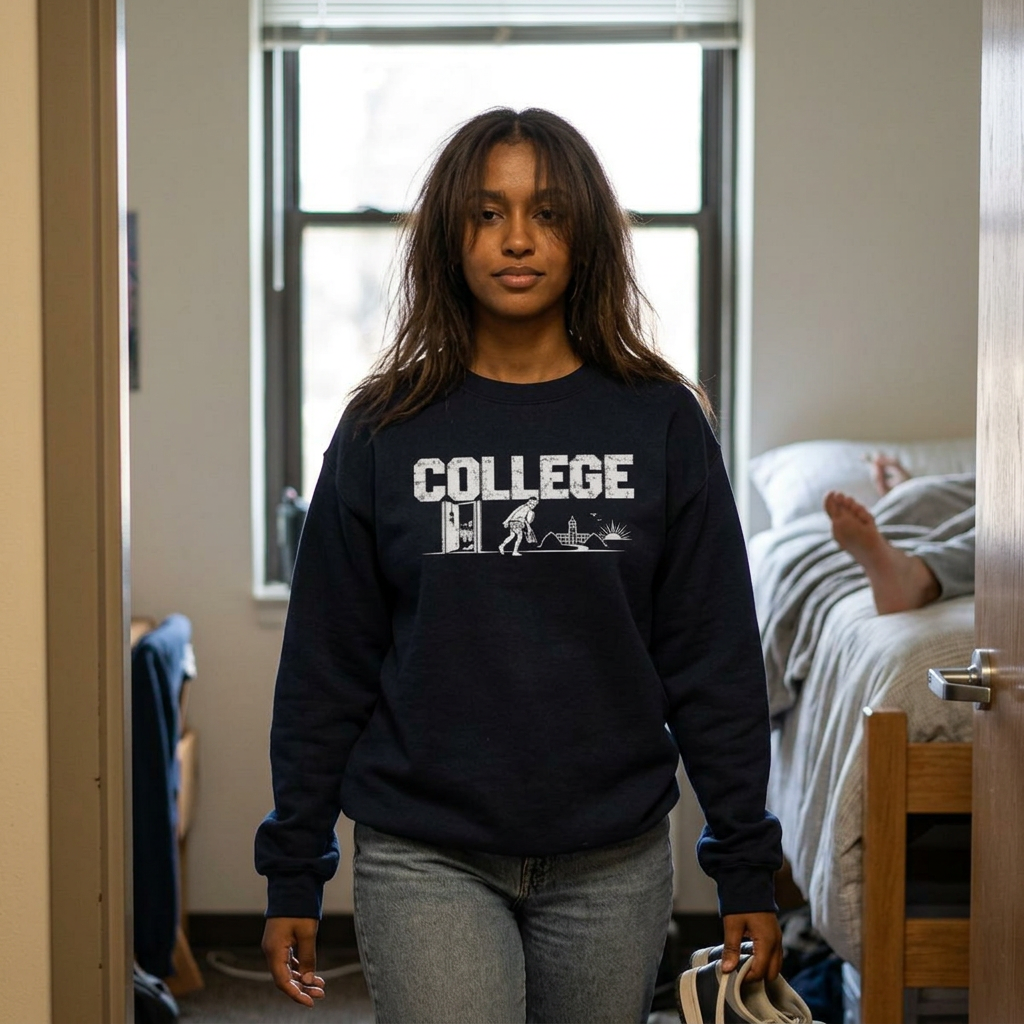 College Life Walk of Shame Sweatshirt — Retro Campus Camping Graphic