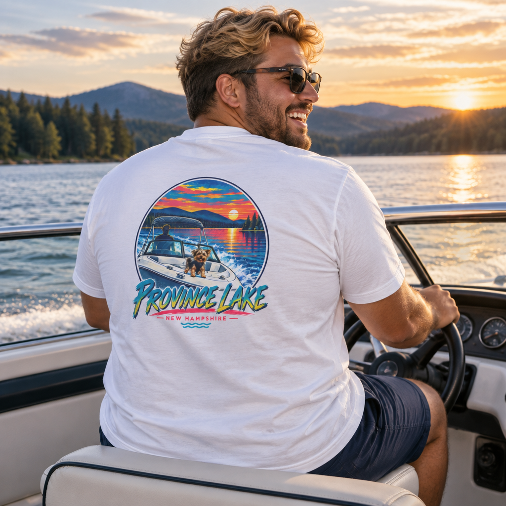Province Lake Boat Sunset T-Shirt — Retro Lakeside Vacation Tee