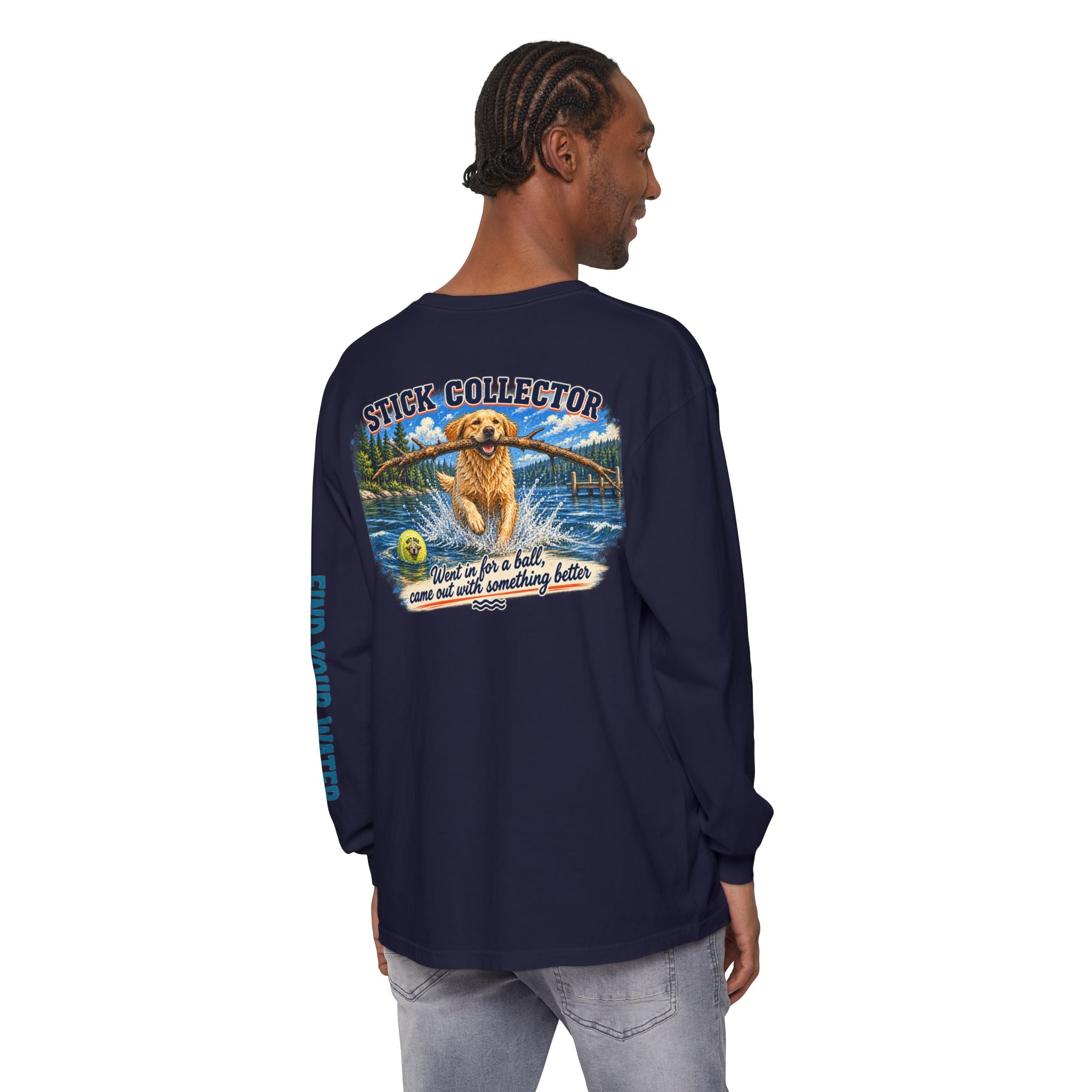 Wet Dog "Stick Collector" graphic Long Sleeve T-Shirt | find your water sleeve print