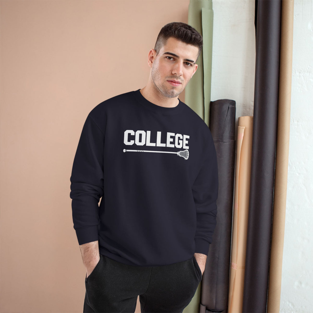 College Lacrosse Champion Sweatshirt – 'COLLEGE' Text with Lacrosse Stick Crewneck