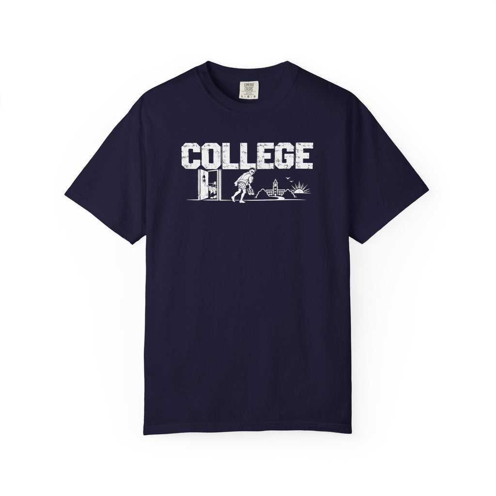 College Walk of Shame T-Shirt — Vintage Campus Humor Tee (features “COLLEGE” with dorm, books & party silhouette)