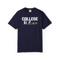 College Walk of Shame T-Shirt — Vintage Campus Humor Tee (features “COLLEGE” with dorm, books & party silhouette)