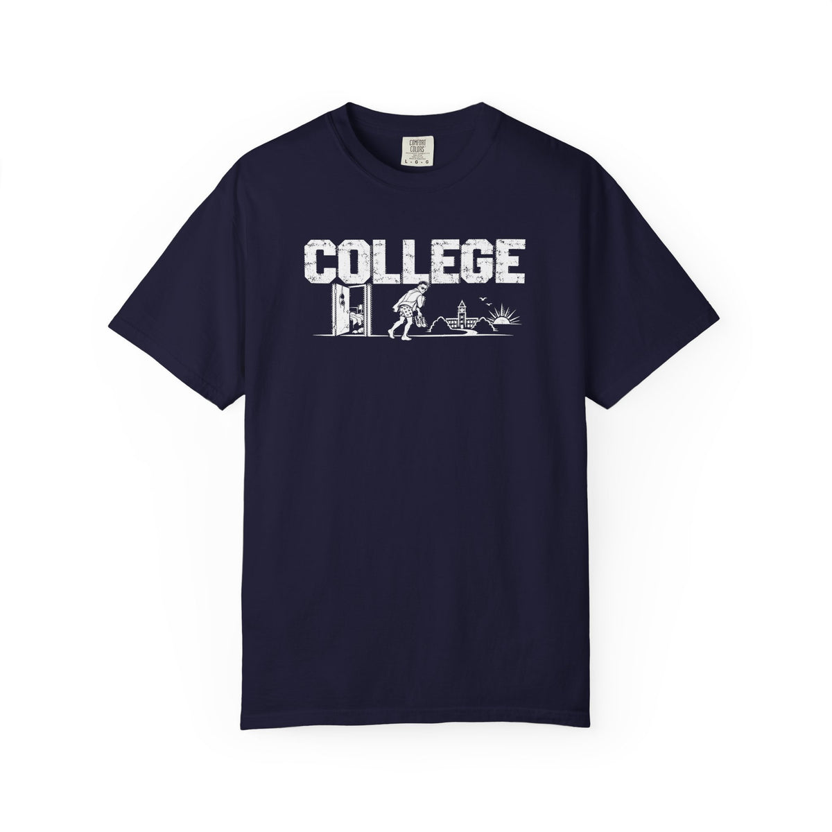 College Walk of Shame T-Shirt — Vintage Campus Humor Tee (features “COLLEGE” with dorm, books & party silhouette)