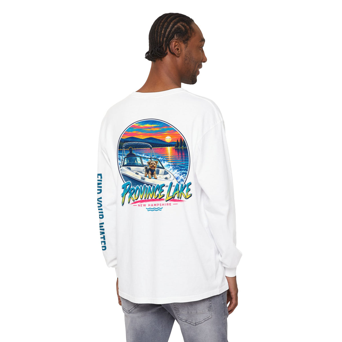 Province Lake Sunset Boat Long Sleeve Tee — "Find Your Water"